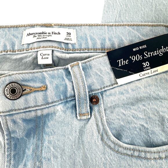 Abercrombie & Fitch Light Blue Curve Love Mid Rise 90s Straight Jeans Size 30 - Picture 5 of 12